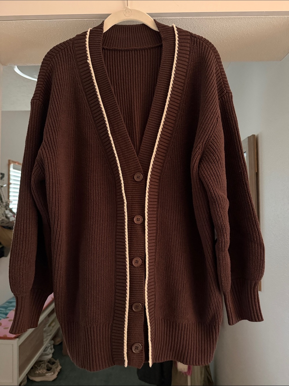 Japanese brand Brown Button-Front Ribbed Cardigan with Contrast Trim